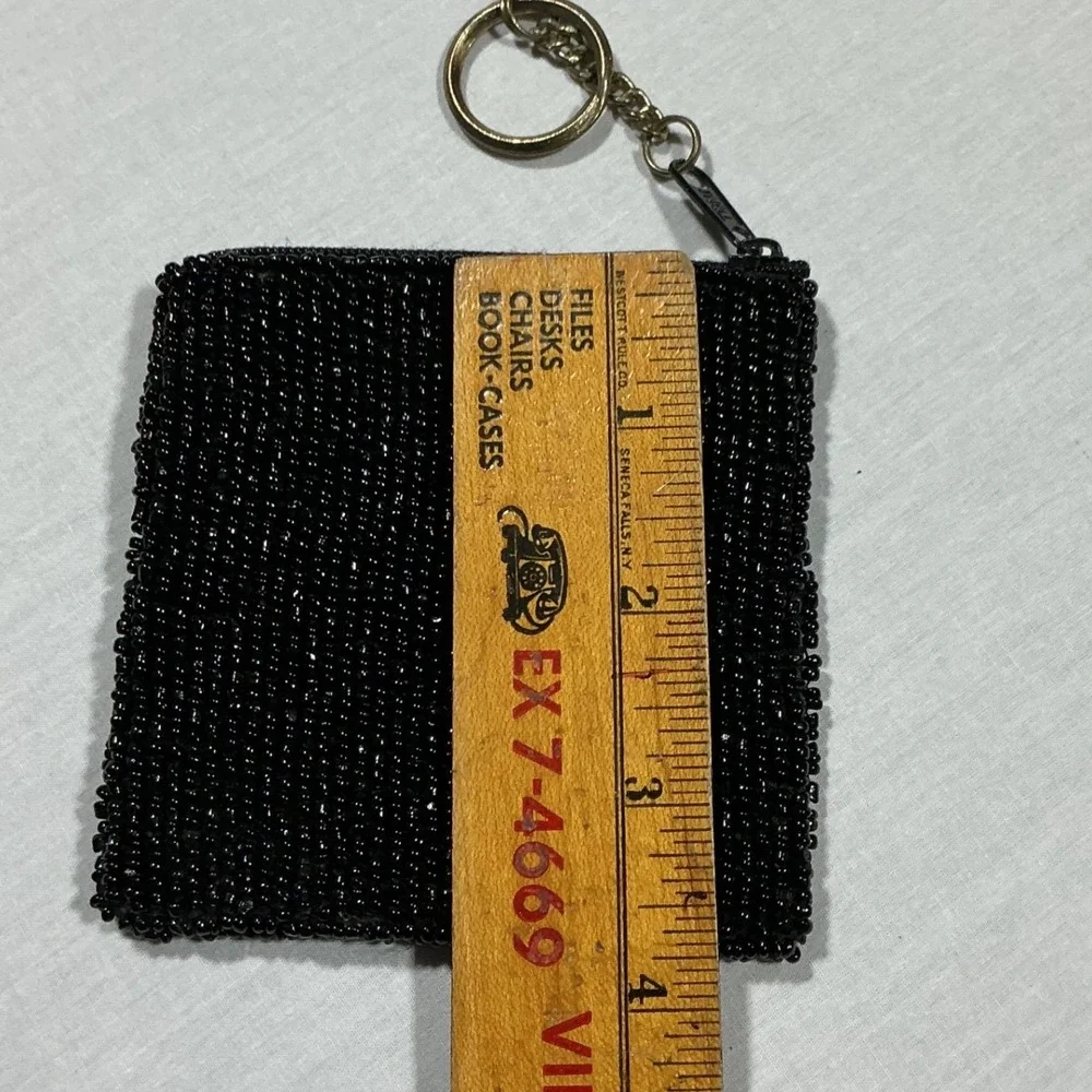 Hand Beaded Sequin Bacon‎ Coin Purse Keychain Black Zipper Pouch Novelty